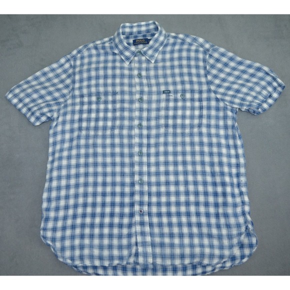 Polo Ralph Lauren Plaid Shirt Mens Large 100% Linen Button Up Short Sleeve - Picture 1 of 9